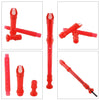 Red 8-hole soprano recorder with a cleaning rod shown in various angles
