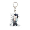 Anime character acrylic keychain featuring a male character with dark hair and white hair in a dynamic pose
