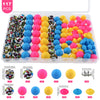 A plastic container holds 117 pieces of mixed beads and rhinestones in various colors like pink, yellow, blue, and green for 