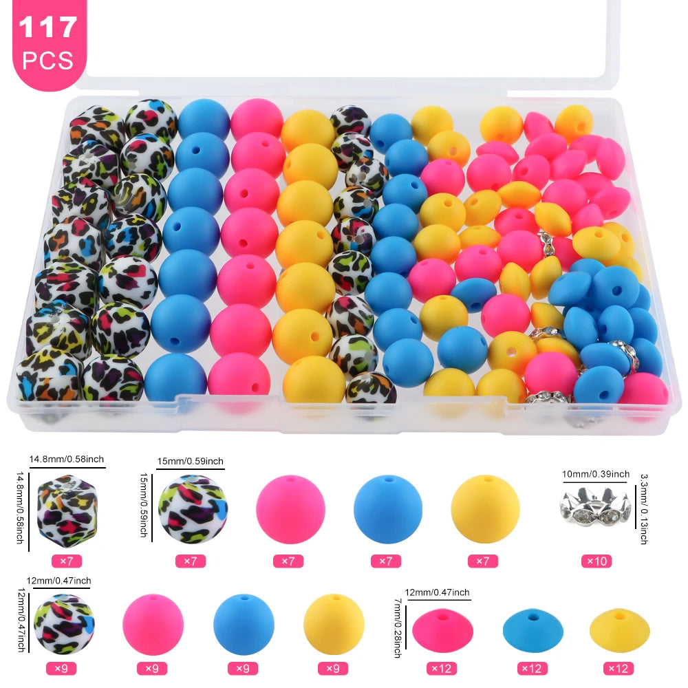 A plastic container holds 117 pieces of mixed beads and rhinestones in various colors like pink, yellow, blue, and green for 