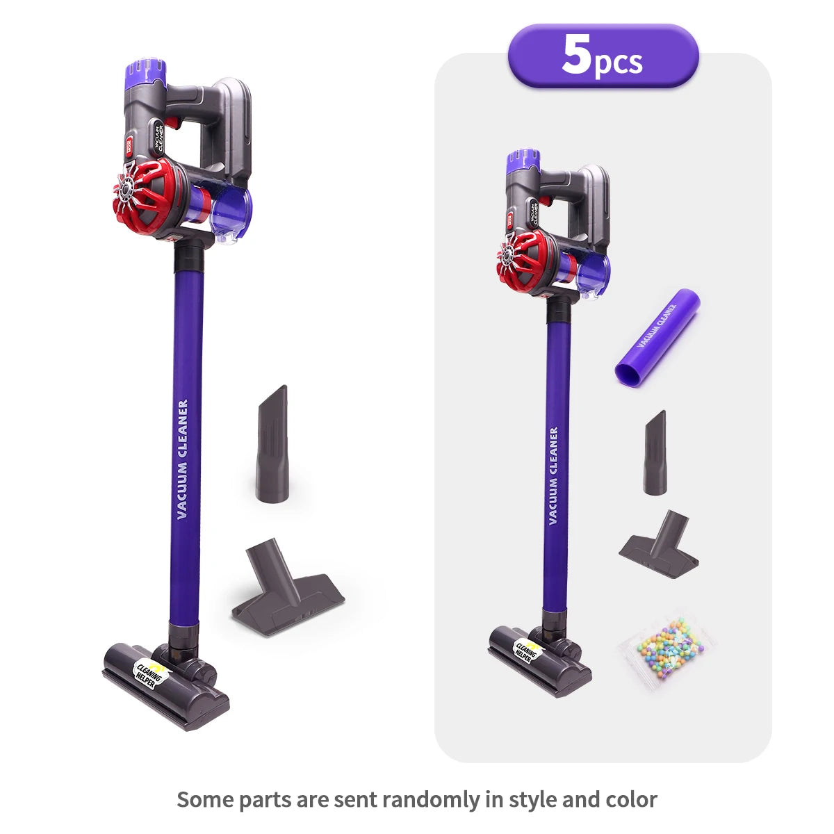 A set of kids pretend cleaning vacuum and tool components including a main vacuum and various accessories.