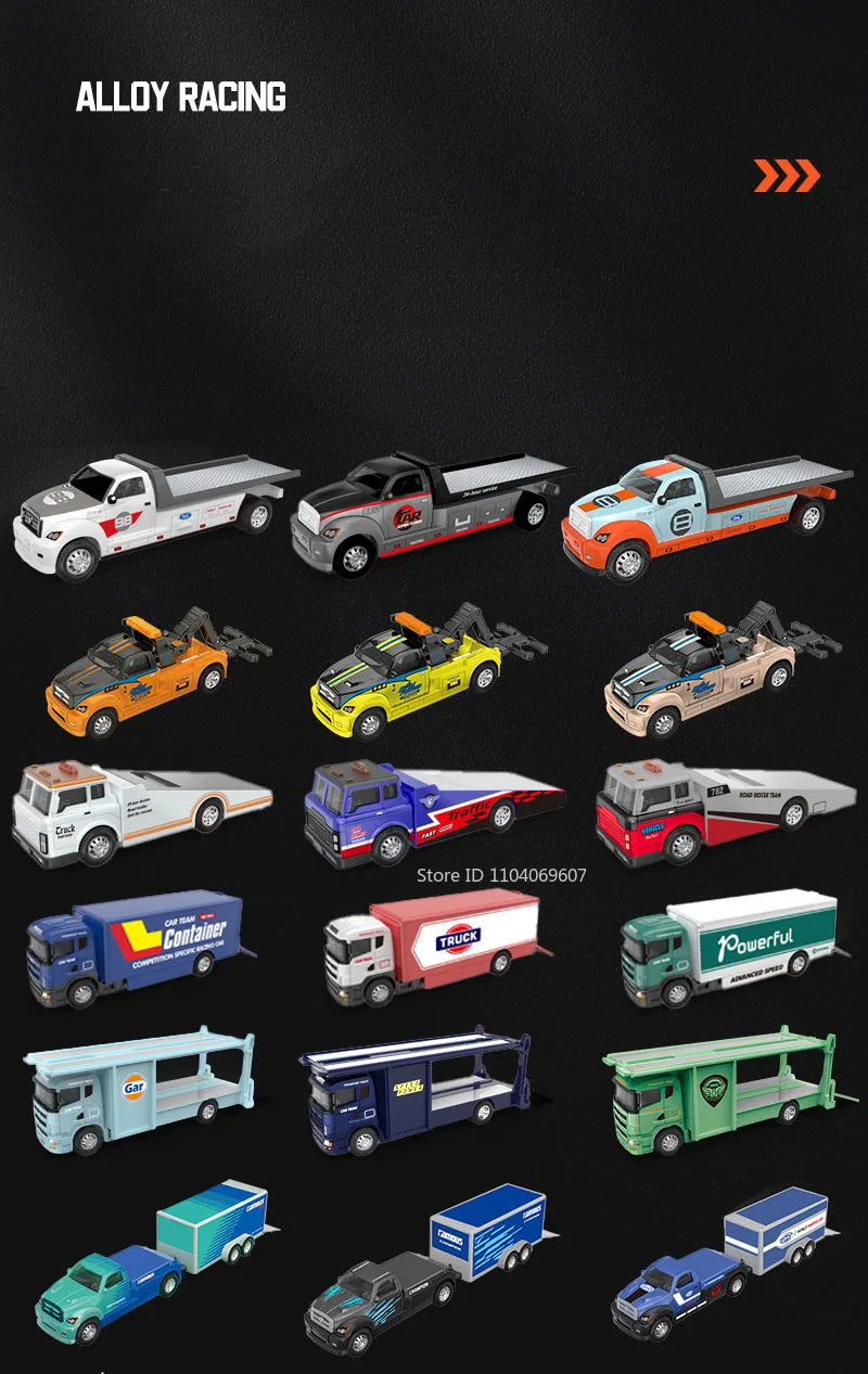 A collection of diecast model trucks and containers used for alloy racing