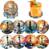An assortment of eight diamond painting coasters featuring various scenic and architectural themes with metal holders.
