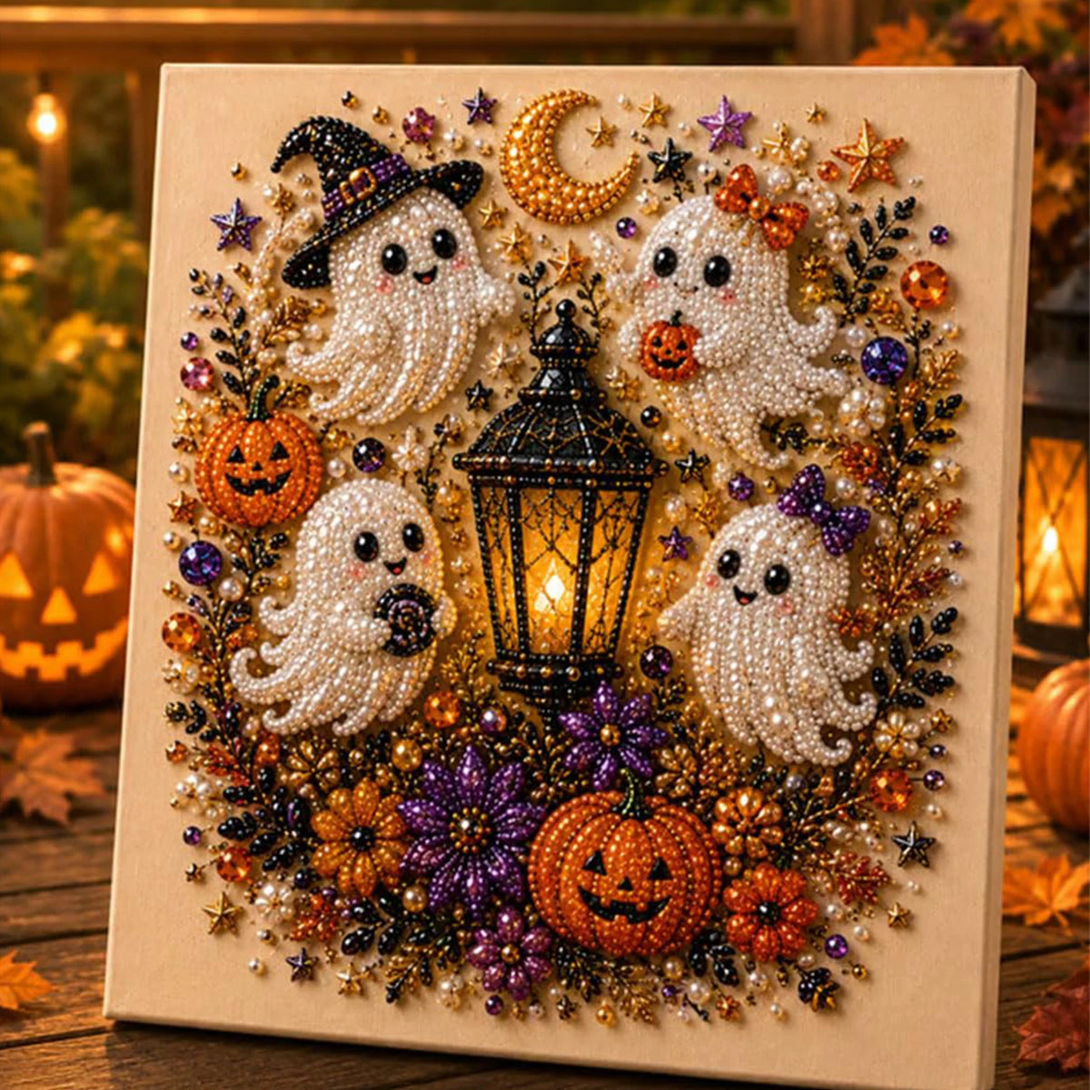 A framed canvas featuring a detailed pearl diamond painting design of Halloween elements like ghosts, pumpkins, and stars.