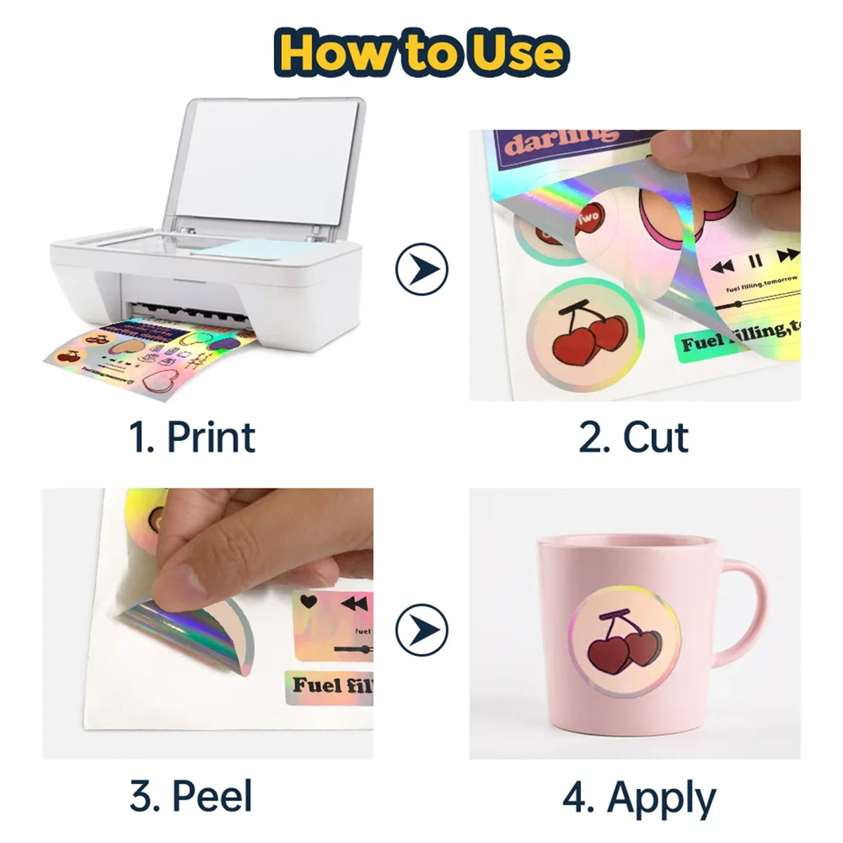 Step-by-step guide showing how to print, cut, peel, and apply holographic rainbow sticker paper for inkjet printers.
