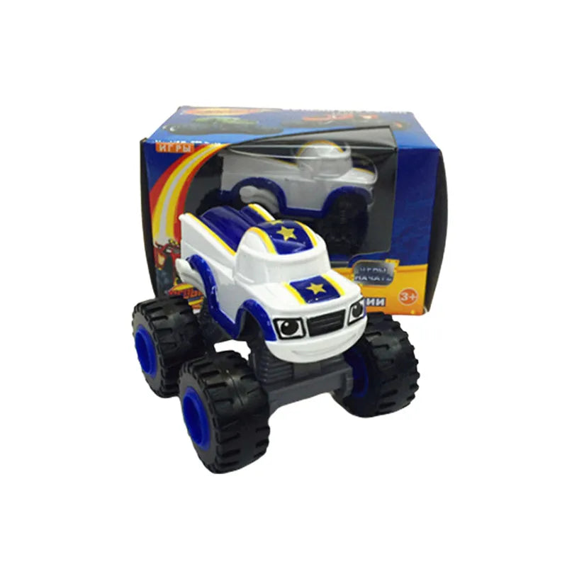 Blaze Monster Truck toy vehicle in blue and white with yellow stars inside its box.