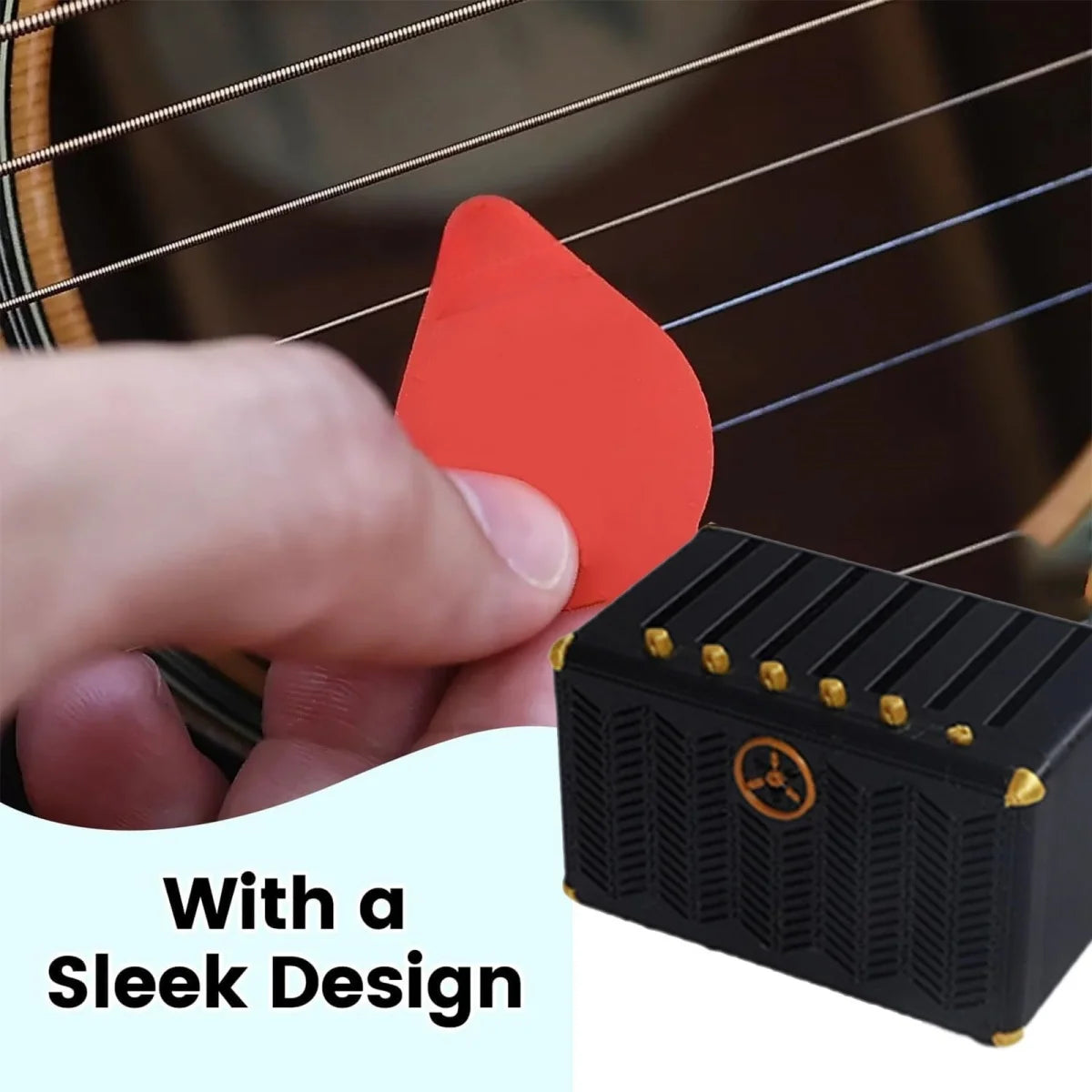 A hand places a red, speaker-shaped guitar pick holder onto a black electronic device.