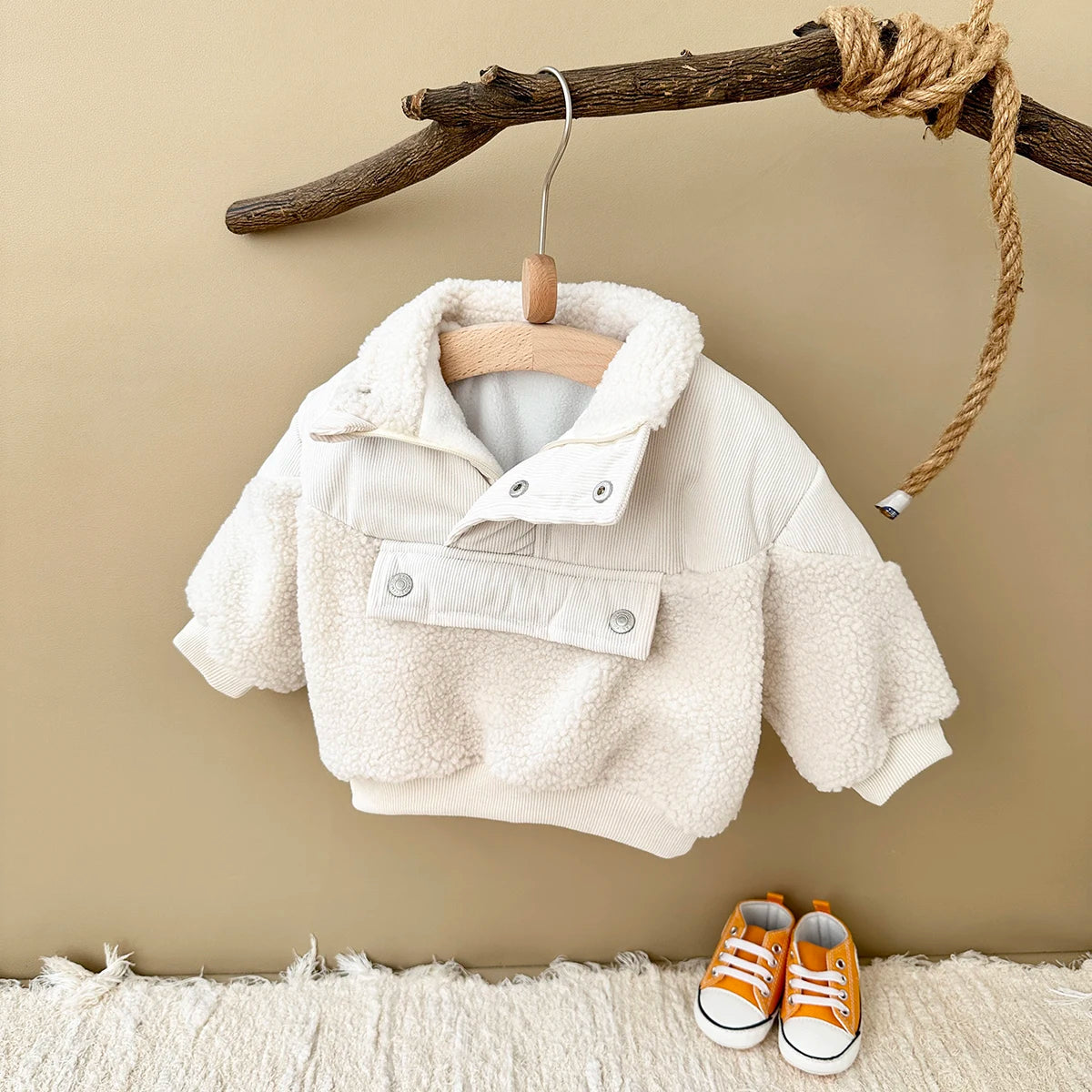 A cream fleece-lined winter coat is hanging on a wooden rack against a beige wall.