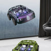 A purple and green dual-mode RC car drone is shown flying indoors against a gray background.