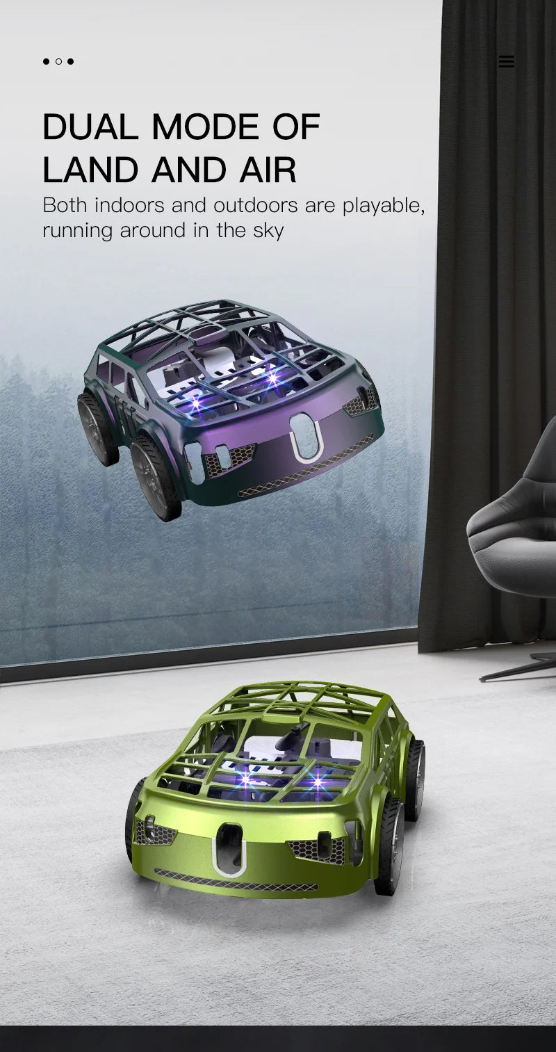 A purple and green dual-mode RC car drone is shown flying indoors against a gray background.