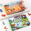 Two busy book activity books, Level 1 and Level 2, featuring colorful illustrations and stickers for toddlers.