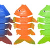 Three brightly colored shark rocket pool diving toys in blue, orange, and green.