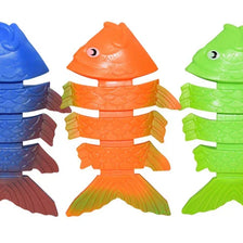 Three brightly colored shark rocket pool diving toys in blue, orange, and green.