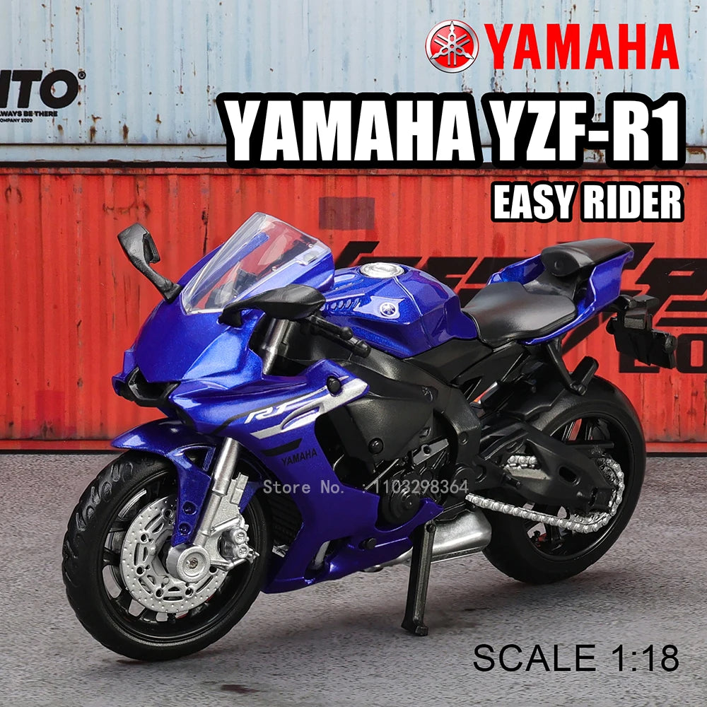 A blue Yamaha YZF-R1 Easy Rider die-cast motorcycle model in 1:18 scale displayed against a red background.