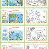 A collection of cartoon animal coloring pages featuring a zebra, kangaroo, elephant, squirrels, and bears.