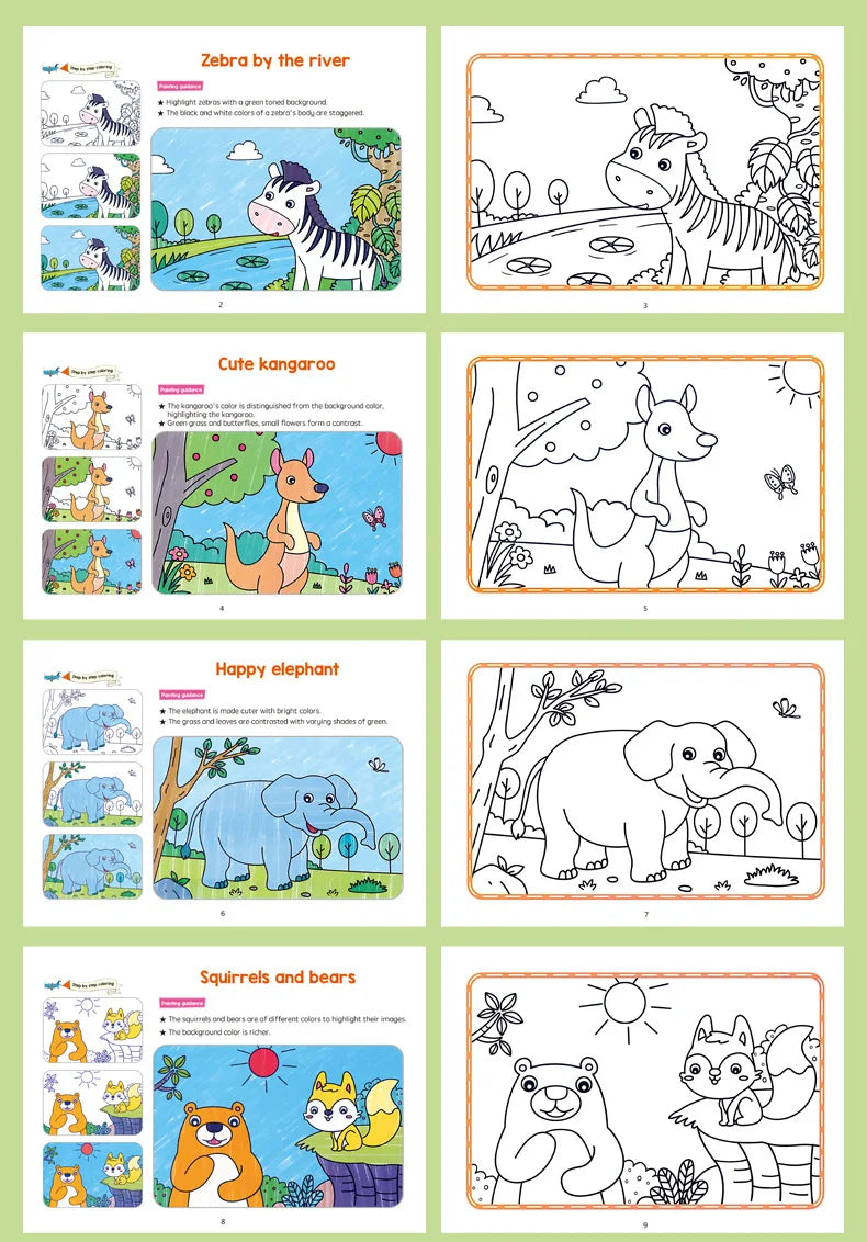 A collection of cartoon animal coloring pages featuring a zebra, kangaroo, elephant, squirrels, and bears.