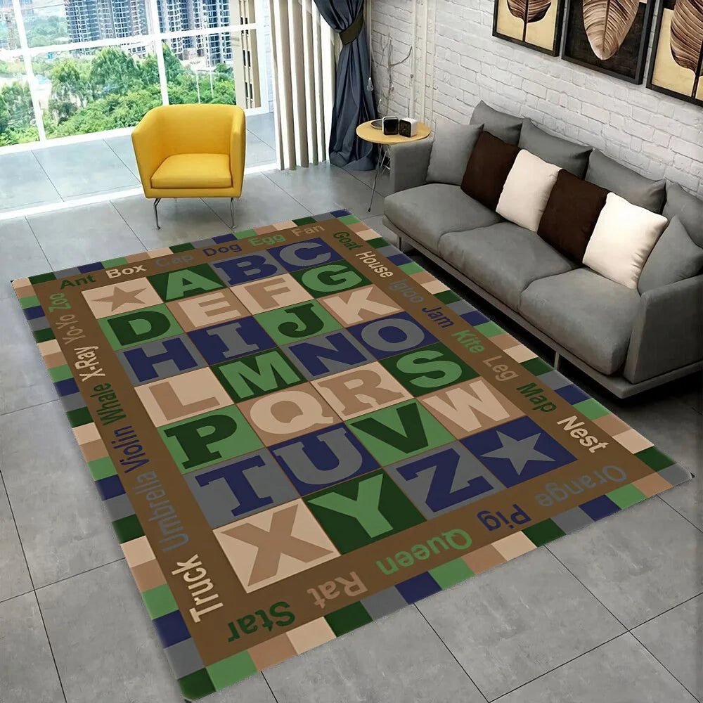 A colorful alphabet rug featuring letters and animals for a kids playroom or educational area.