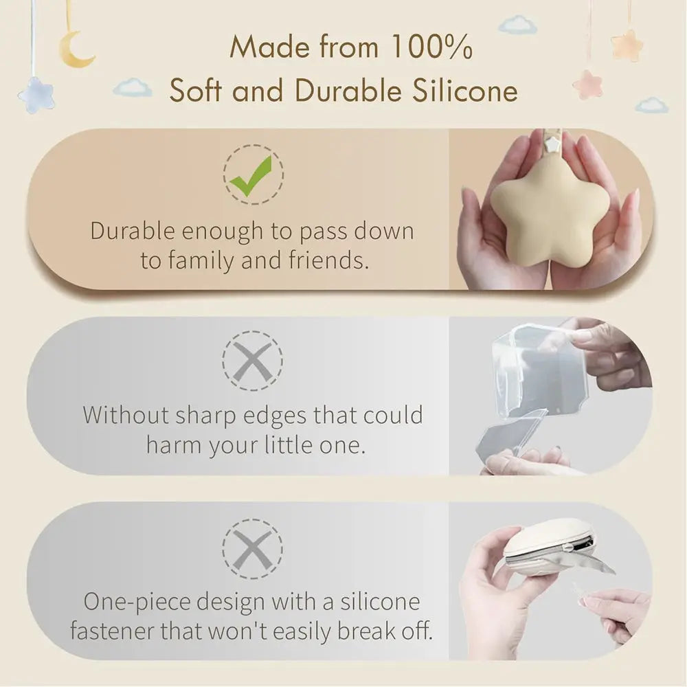 Hands hold a soft, durable silicone pacifier and teether designed for babies.
