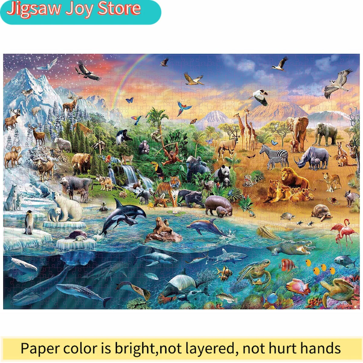 A colorful jigsaw puzzle depicting various animals in a natural landscape.