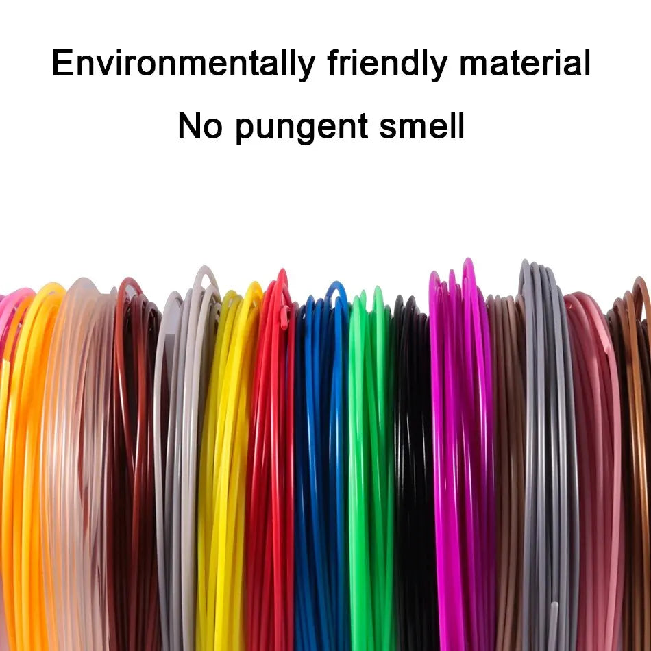 A variety of brightly colored PLA filament spools in various shades including orange, yellow, red, blue, green, and purple.