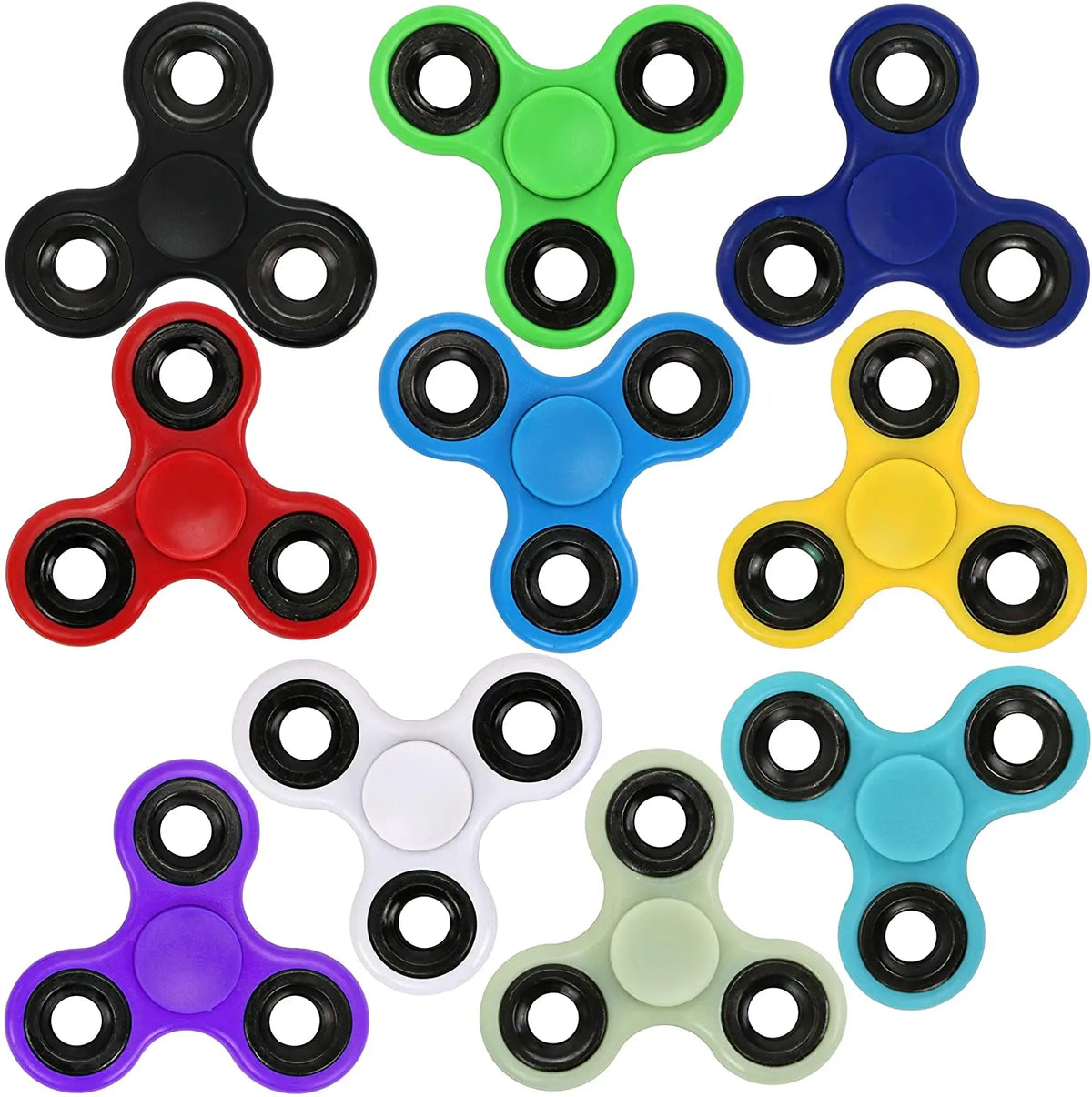 A collection of colorful ABS tri-spinner fidget toys in various colors including green, blue, red, yellow, and purple.