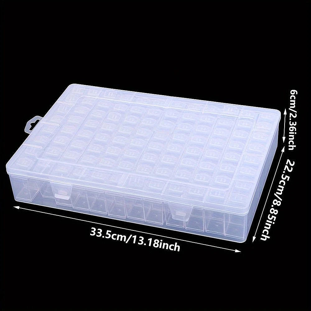 A transparent plastic storage box with multiple compartments for crafts, beads, and jewelry.