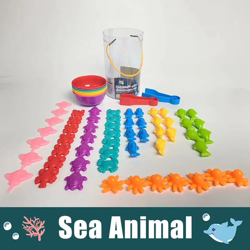 A set of colorful plastic sea animals for sorting and counting, including various shapes and colors.