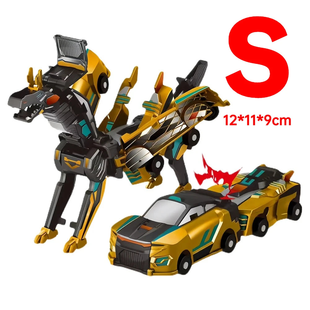 A yellow and black transforming dinosaur car set with magnetic connectors, featuring a dinosaur head and a sports car.