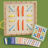 A wooden Montessori lacing board with colorful ropes and practice pieces for children's threading skills.