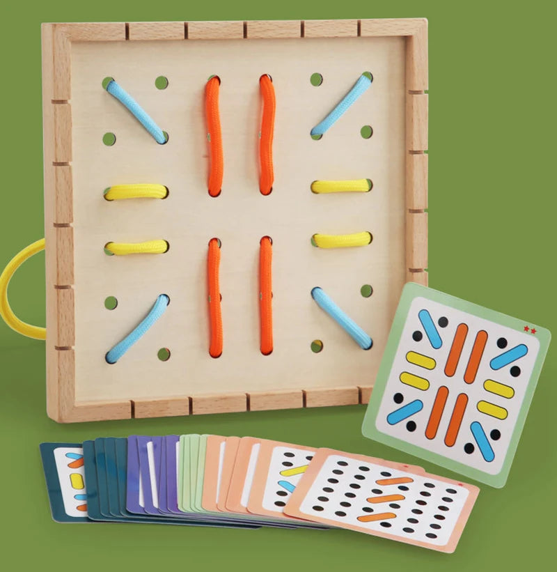 A wooden Montessori lacing board with colorful ropes and practice pieces for children's threading skills.