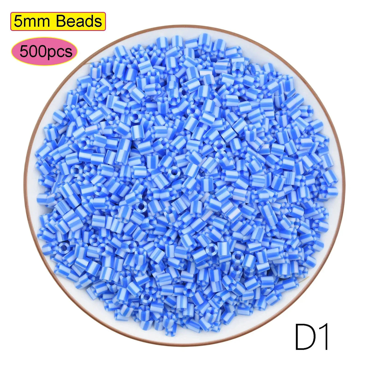 A pile of 5mm blue beads, packaged in a 500 piece count, for crafting and pixel art projects.