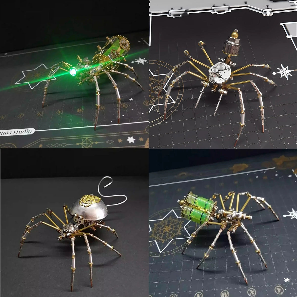 A set of steampunk metal spider 3D puzzle assembly kits showing various stages and finished models.