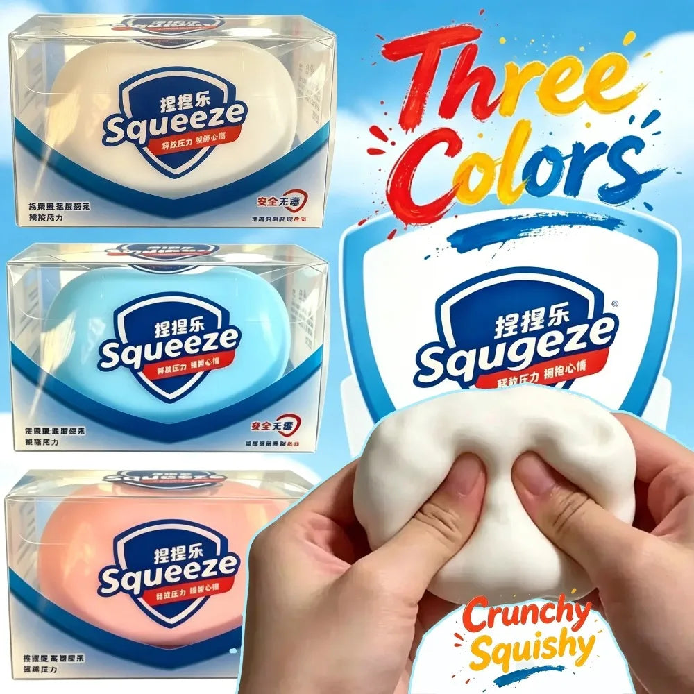 Three colors of squeezable squishy stress balls shown in packaging and being squeezed by hands