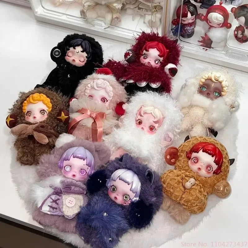 A collection of Skullpanda You Found Me! series collectible figures with various hair colors and accessories.