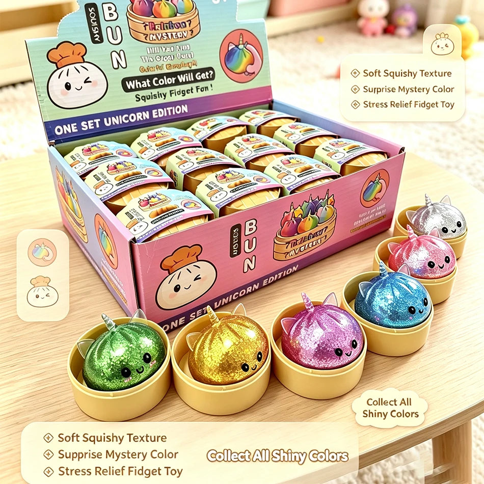 A set of six glitter unicorn bun squishy toys in various colors and textures packaged in a box.