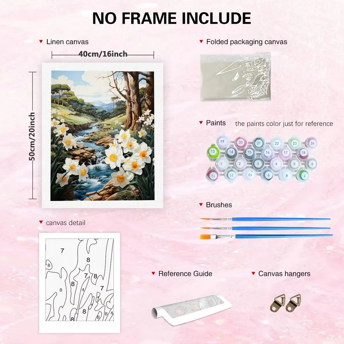 Paint by numbers kit includes linen canvas, paints, brushes, and hangers for creating flower acrylic art.