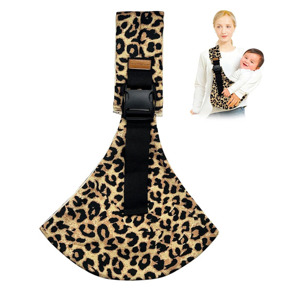 A leopard print baby sling carrier with a black strap and a baby wearing a matching outfit.