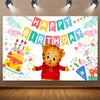 A cute cartoon tiger character wearing a red hoodie stands in front of a colorful birthday banner on a white background.