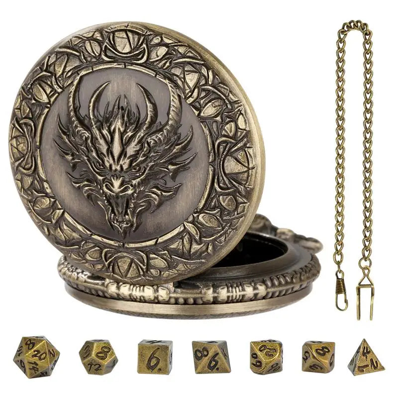 Metal Polyhedral Dice Set with Pocket Watch Case