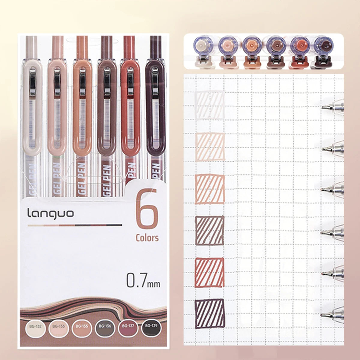 A set of six retractable gel pens with 0.7mm tips in various colors, displayed alongside a color chart.