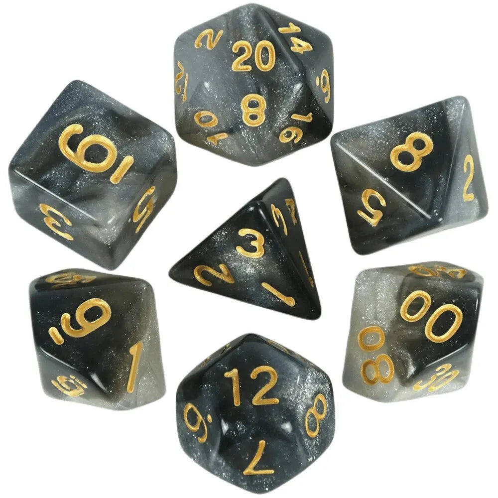 A set of black polyhedral dice showing various numbers with a cosmic or glitter effect.