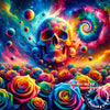 A vibrant diamond painting featuring a skull surrounded by colorful flowers and cosmic nebula.