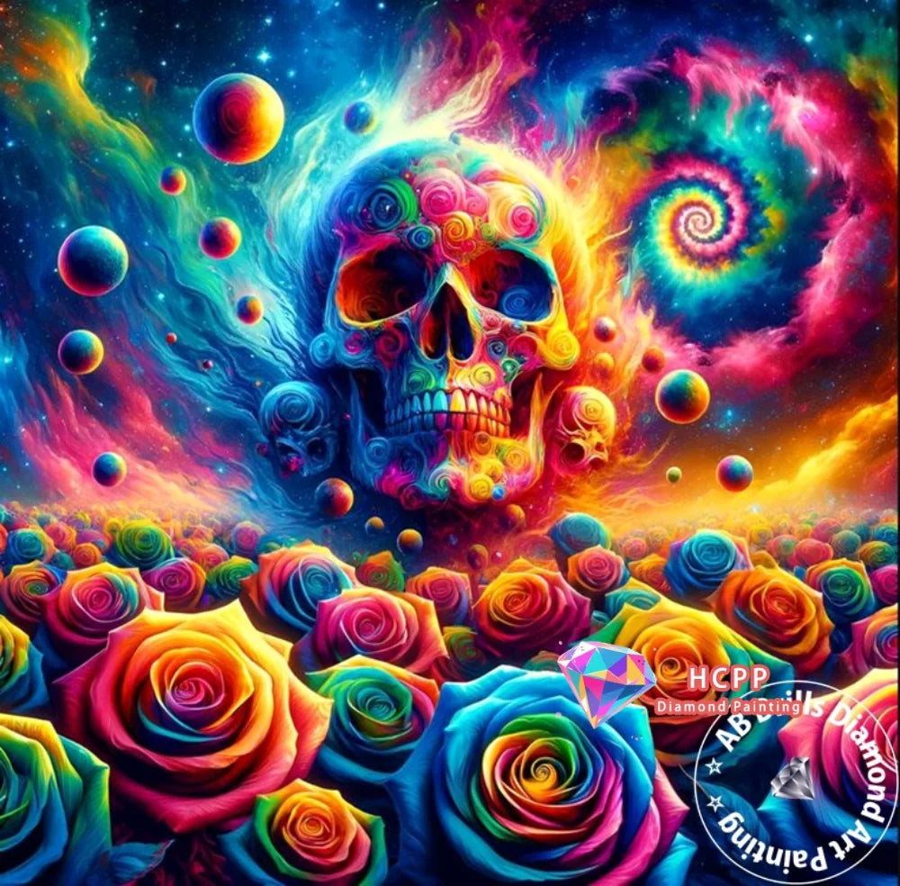 A vibrant diamond painting featuring a skull surrounded by colorful flowers and cosmic nebula.