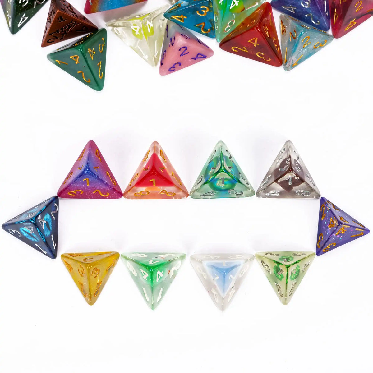A collection of seven polyhedral resin dice in various colors and shapes arranged in a row.