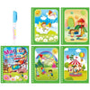 A set of six colorful pages from a magic water coloring book featuring scenes with children and nature.