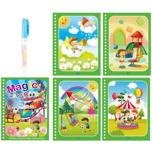 A set of six colorful pages from a magic water coloring book featuring scenes with children and nature.