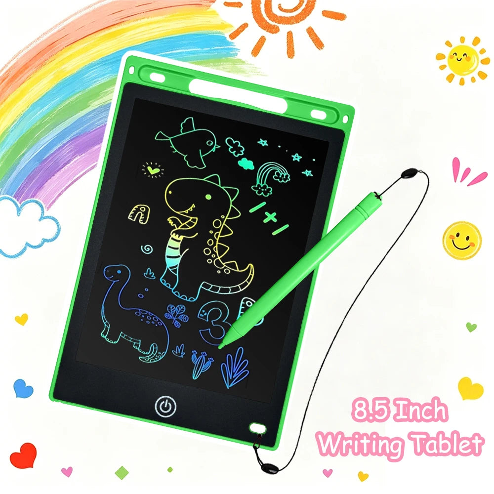 A green writing tablet displaying glowing blue drawings, surrounded by a rainbow and a yellow sun.
