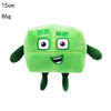 Poupée en peluche vert vif avec de grands yeux et un sourire.