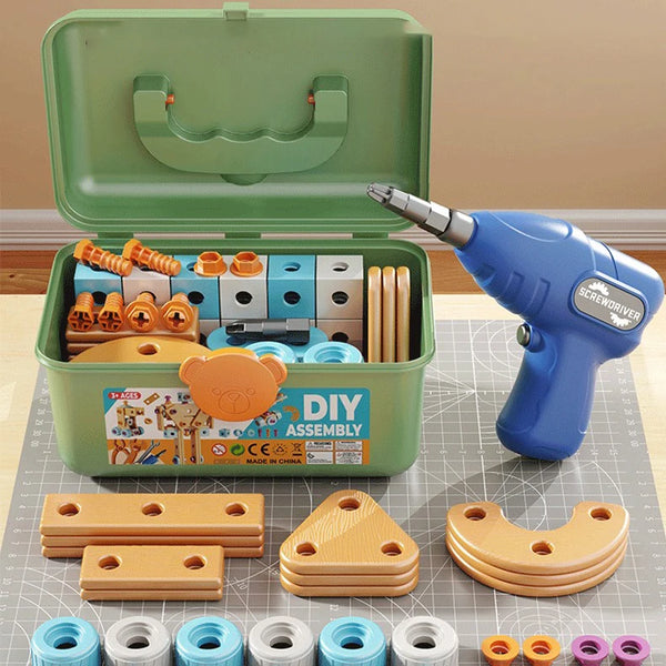 A green box contains a DIY assembly puzzle set of wooden nuts and bolts for kids, including various components and a blue scr