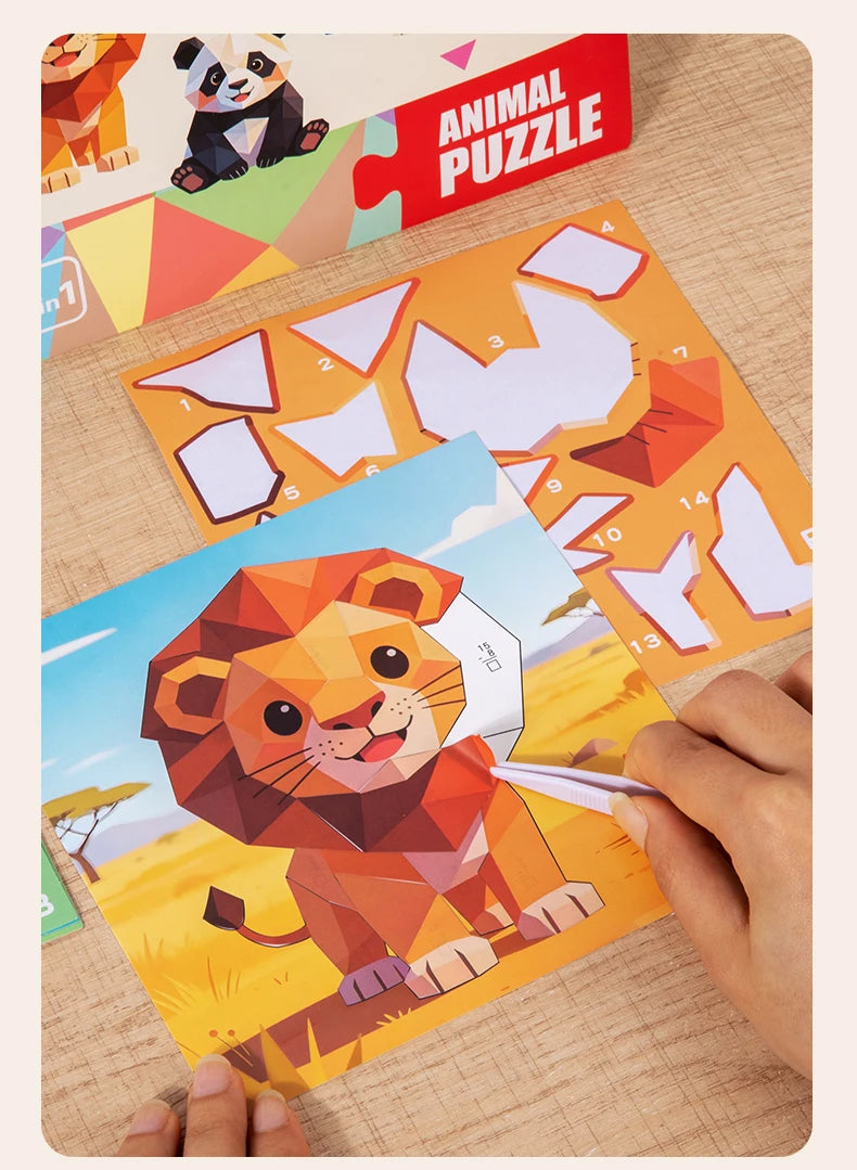 A hand is assembling an animal puzzle kit featuring a lion design and puzzle pieces on a wooden surface.